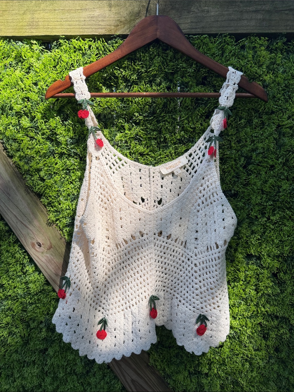 Rebellion Cream Crochet Camisole with Red Cherry Accents